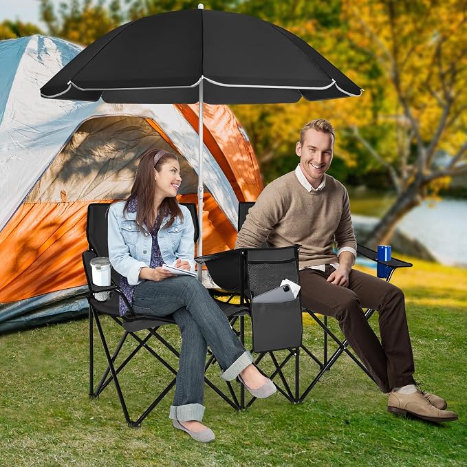 Tangkula Double Camping Chairs with Umbrella, Portable 2 Seat Folding Camp Chair with Cooler Bag, Beverage Holder, Carrying Bag, Foldable Lawn Chair for Outside, Fishing, Picnic, Beach
