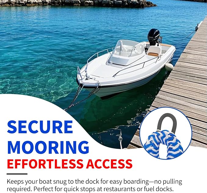 2-Pack Bungee Dock Lines for Boats with Loops, Boat Tie Downs for Docking, Adjustable Boat Mooring Rope for Pontoon, Jon Boat & PWC (Blue & White Waves, 4 FT)