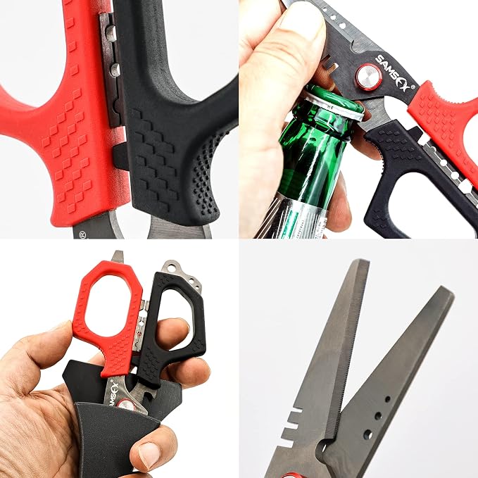 SAMSFX 6.5" Pro Fishing Shears Dual Serrated Blades, Fishing Braided Line Scissors with Titanium Coating, Non-Slip Grip & Multifunction Tool, Includes Hard Molded Locking Sheath & Coiled Lanyard