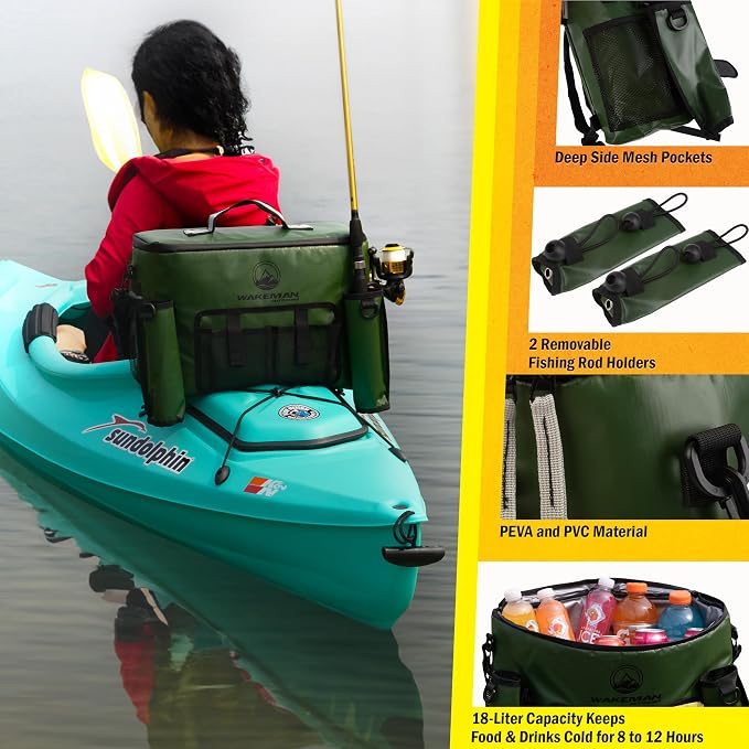Kayak Cooler - 18L Seat Back Fishing Cooler - Water-Resistant Insulated Bag - 8-12 Hour Cooling Time - Kayak Accessories by Wakeman Outdoors