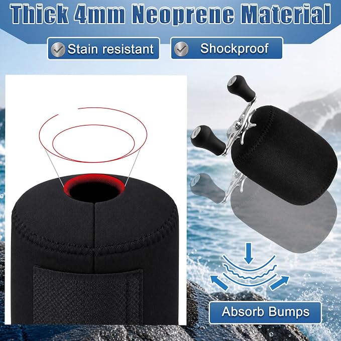 2 Pcs Black Round Baitcasting Reel Cover, 4mm Thick Neoprene Fishing Pouch for Conventional Gear, Shockproof Protective Case, Left Right Handed Storage Bag Size L 3.9"x3.3"