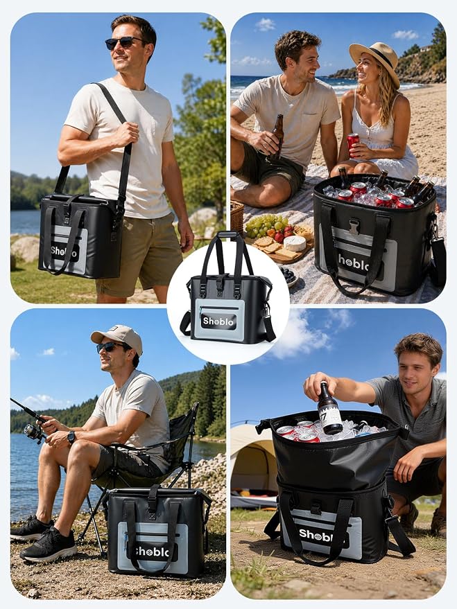 Soft Cooler Bag, 35 Cans Insulated Leakproof Portable Cooler Bag with Roll-Top, Shoulder Strap Metal D-Ring, Waterproof Ice Chest for Camping, BBQ, Picnic, Fishing, Travel
