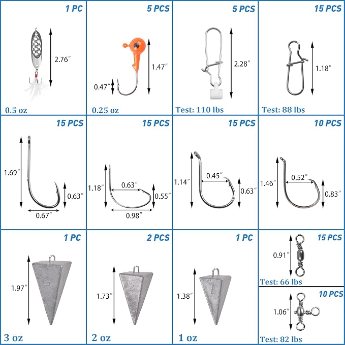 Saltwater Fishing Gear, 180pcs Saltwater Surf Fishing Tackle Kit Saltwater Fishing Lures Fish Finder Rigs Pompano Rig Pyramid Sinker Spoons Fishing Hooks Leaders Swivel Bobbers Various Accessories