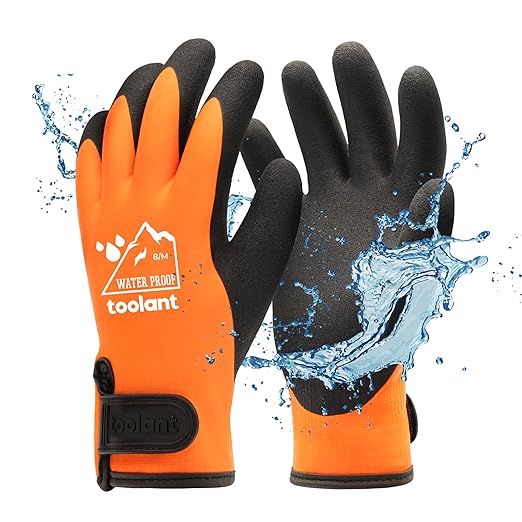 toolant 100% Waterproof Gloves for Men and Women, Winter Work Gloves for Cold Weather, Touchsreen, Thermal Insulated Freezer Gloves, With Grip, Orange, Medium
