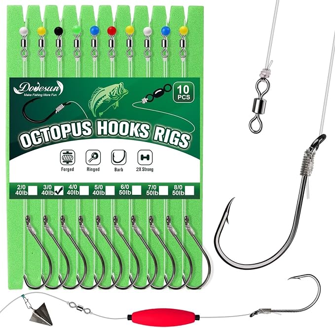 Dovesun 10PCS Pre-Rigged Catfish Rig Circle/Octopus Hooks Rigs for Catfish Offset Circle Fishing Hooks for Saltwater Freshwater 2/0 3/0 4/0 5/0 6/0 7/0 8/0 10/0