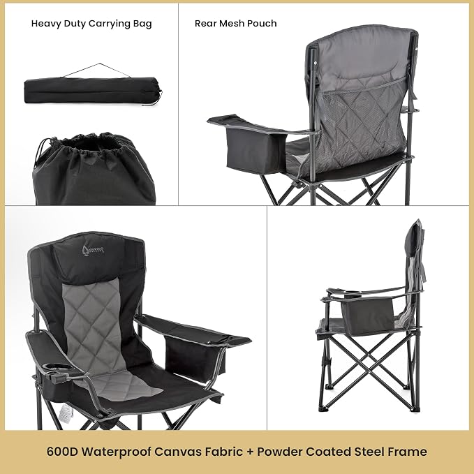 ARROWHEAD OUTDOOR 2-Pack Portable Deluxe Folding Camp Quad Chair w/Headrest, Glass & Cup Holders, Armest 6-can Cooler, Heavy Duty Carry Bag, 550 lbs Weight Capacity
