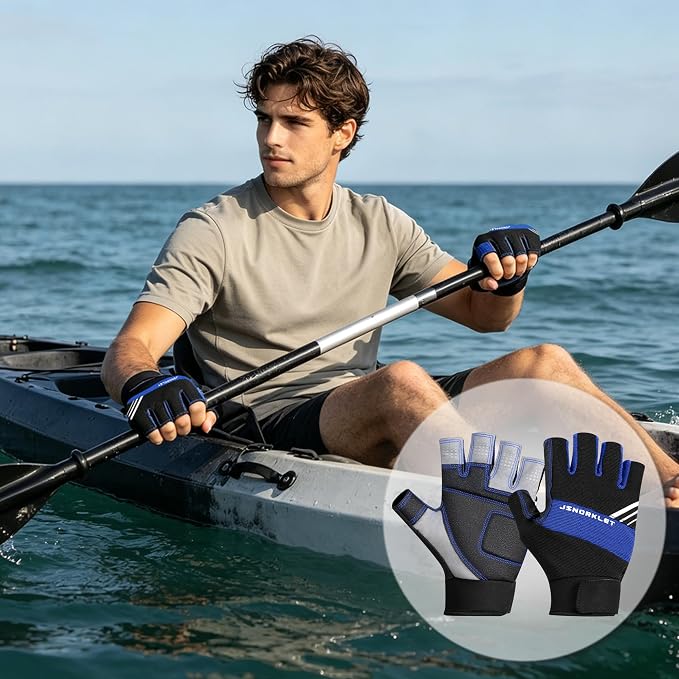 Kayaking Gloves 3/4 Finger Padded Palm Fingerless Gloves for Men Women Youth, with Resistant Palm and Grip, Easy to Take on and Off, for Sailing, Paddling, Kayaking, Fishing, Water Sports
