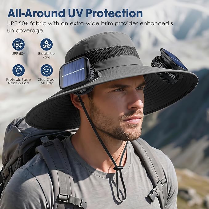 Solar Fan Hat, UPF 50+ Wide Brim Sun Hat with 2 Fans, Solar & USB Rechargeable, 3 Speeds for Fishing/Camping/Hiking/Gardening