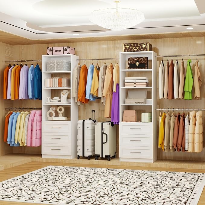 Closet System with 6 Drawers, 5.5FT-15FT Closet Organizer System Modular Wood Walk in Closet Storage System with 8 Shelves 8 Expandable Hanging Rods, Wall Mount White
