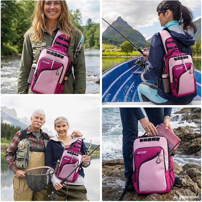 Goture Pink Fishing Tackle Bag, 1680D Water-Resistant Sling Fishing Backpack with Rod Holder, Anti-Slip Waist Strap, 3 Fishing Tackle Boxes, Fishing Gifts for Women Girls