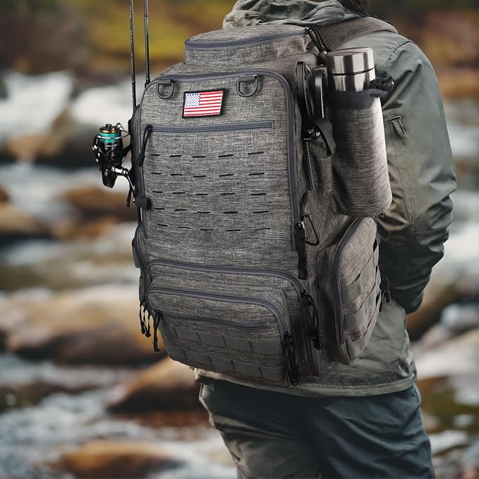 Fishing Backpack, Fishing Tackle Backpack with Rod Holders for 4 Boxes (Box Not Included) 45L Waterproof Fishing Gear, Ideal for Men and Women Tackle Box Bag (Storm Gray)