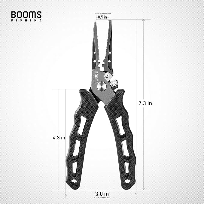 Booms Fishing Pliers Hook Remover, 7inch Split Ring Pliers Stainless Steel, Saltwater Fish Plier with Sheath and Lanyard, Multi-Function Braided Line Cutter, Fishing Gift For Men, F07