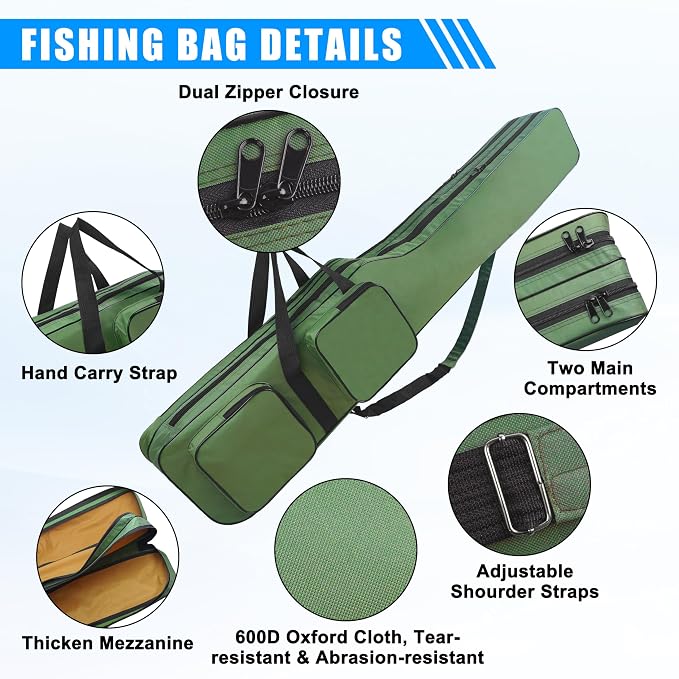 AGOOL Fishing Rod Case Fishing Pole Bag Case 4.27 ft Portable Waterproof Rod Reel Organizer Oxford Fish Bag for Saltwater Freshwater Ice Fishing Gift