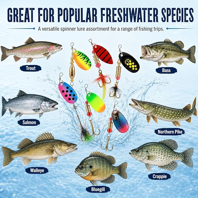 Fishing Spinner Lures Kit 10/15/16/20PCS, Inline Spinner Baits with Treble Hooks and Feather Tails, Metal Fishing Lures for Trout Bass Salmon Panfish, Multi-Color Freshwater Fishing Tackle Set