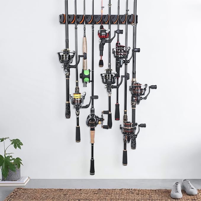 PLUSINNO V9 Vertical Fishing Rod Holders, 2 Packs Wall Mounted Fishing Pole Holders, Fishing Rod Racks Hold Up to 18 Rods or Combos, Fishing Pole Holders for Garage, Fishing Gear and Gifts for Men