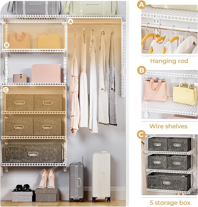 Wire Closet Organizer System, Wall Mounted 8.7 Ft. Custom Closet Kit for Bedrooms, Adjustable Storage Shelves for Clothes, Shoes, and Handbags