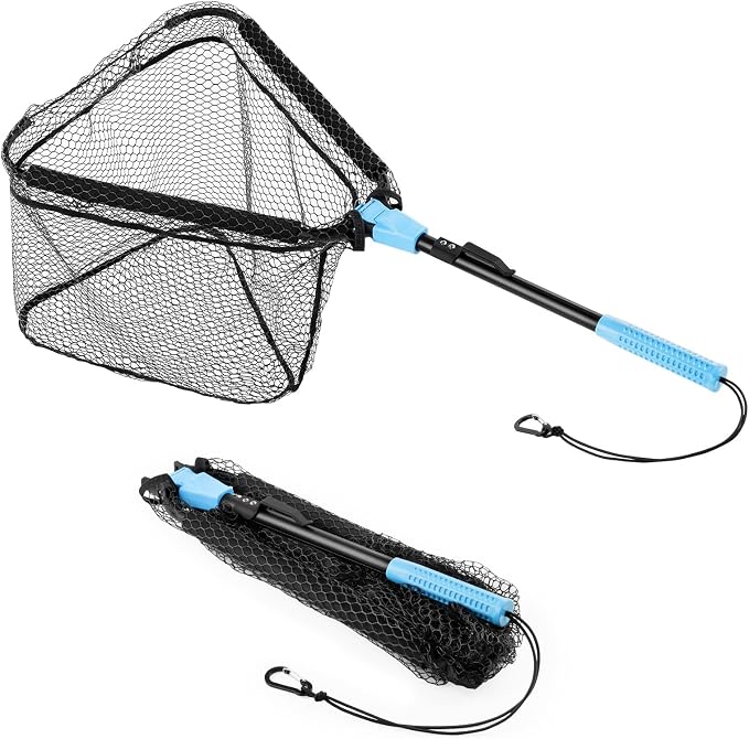 Calamus Triangle Fishing Net, Foldable, Lightweight & Strong Landing Net with Non-Slip Elastomer Handle, Built-in Elastic Lanyard and Belt Clip, Fishing Gear - Gift for Men