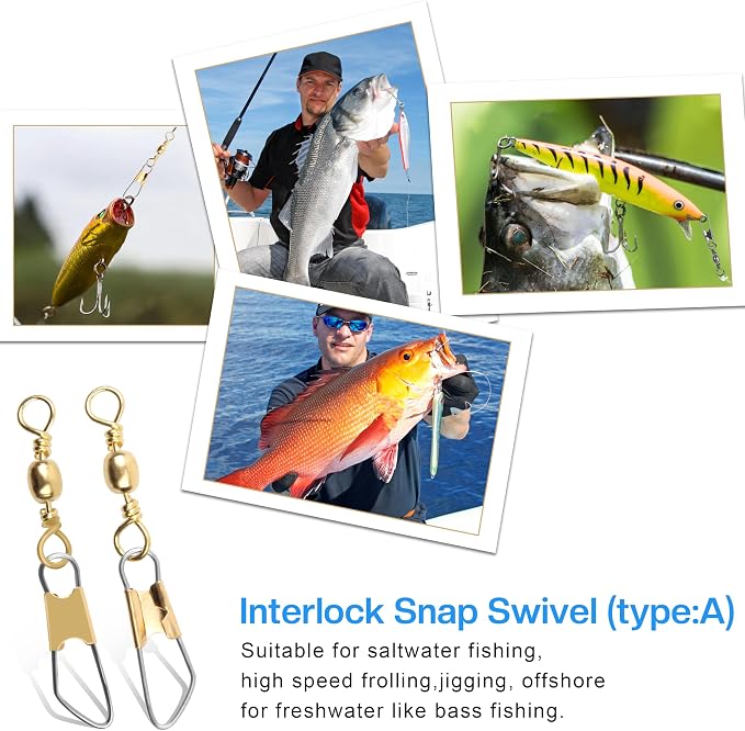 AGOOL Fishing Swivels Snaps, 60/120pcs Barrel Swivels with Nice Snaps Gold High Strength Solid Rings Line Lures Connector Fishing Tackle Accessories