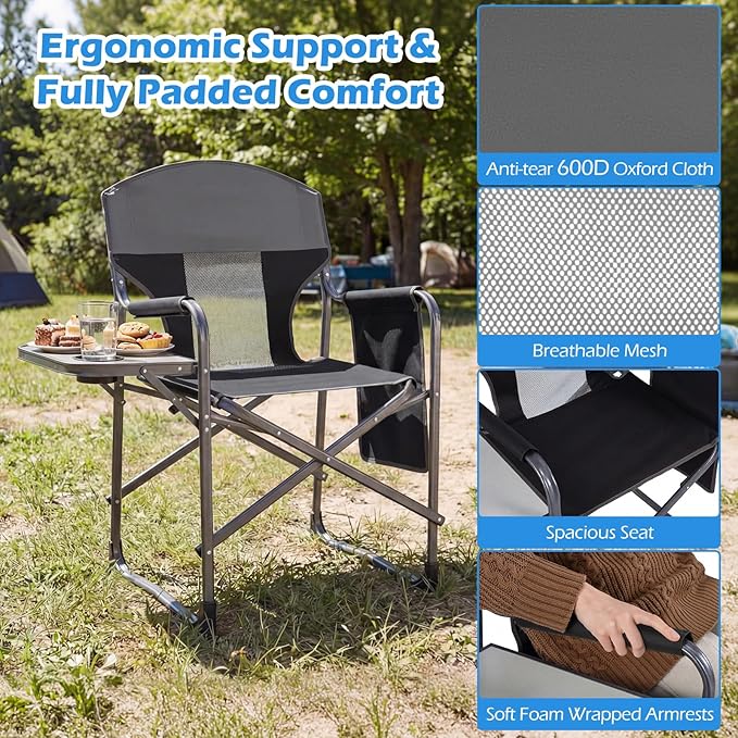 COSTWAY Oversized Folding Camping Chair with Padded Seat, Side Table, Cup Holder & Storage Pocket, Heavy-Duty Portable Director's Chair for Beach, Fishing, Picnic & Sports, Supports 400 lbs (Black,2)