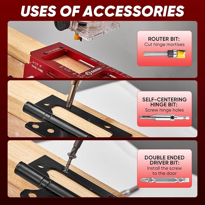 Saker Door Hinge Jig and Deep Hole Pencil Set,Aluminum Alloy Doors Hinges Router Jig,Adjustable Doors Jamb Hinge Jigs,Fits Door Hinges from 2.5" to 5" Length and Thicknesses,Radius 1/4” or Radius 5/8”