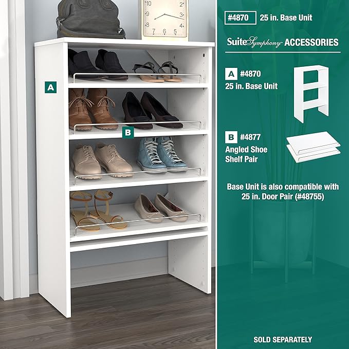 ClosetMaid SuiteSymphony Wood Shoe Shelves Set, Add On Accessory, Angled, Shoe Fence, for 25 in. Units, Pure White/Satin Nickel