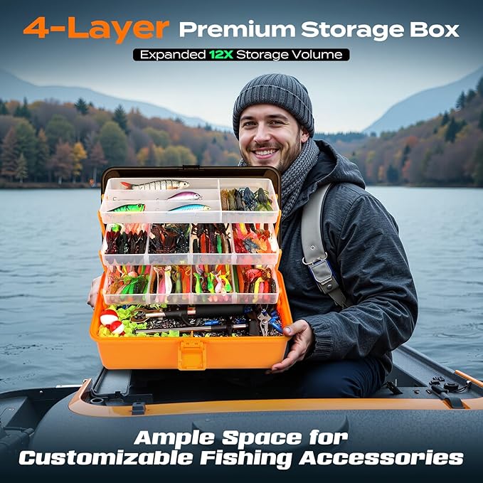 PLUSINNO Large 4-Layer Tackle Box with Tackle Included, 547Pcs Fishing Lures Kit - Pliers, Crankbait, Hooks, Weights & Accessories - Freshwater Bass Fishing Bait Lure Gear and Equipment, Gift for Men