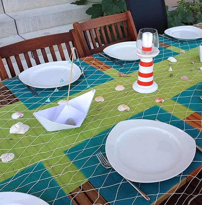4E's Novelty Fish Net Decorative - Pack of 3 - Natural Cotton Fishnet Decor - Each 14 x 4 feet - for Mermaid Party Decorations, Luau Tropical Nautical Beach Table Cover