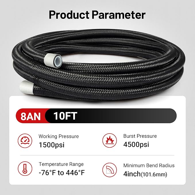EVIL ENERGY 8AN PTFE Fuel Hose Line, AN8 Fuel Line E85 Nylon Braided 10FT Black