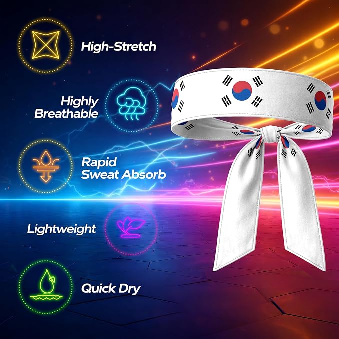 Tie Headband for Women & Men, Flag Patterned Sports Sweatband Head Wrap, Hair Bandana Accessory, 40" x 2.4"