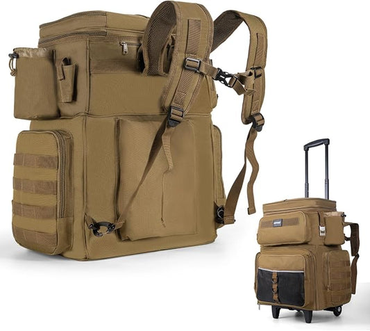 Goture 66L Rolling Tackle Box with Cooler, Khaki Large Fishing Bag with Wheels for 5 3700 Trays(Trays Not Included), Saltwater Resistant Tackle Backpack with Rod Holders