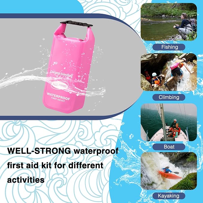 Boat First Aid Kit Waterproof, WELL-STRONG Marine Emergency Kit with Roll Top Dry Bag for Boating Fishing Kayaking – Water-Resistant Contents for Camping & Beach（Pink）