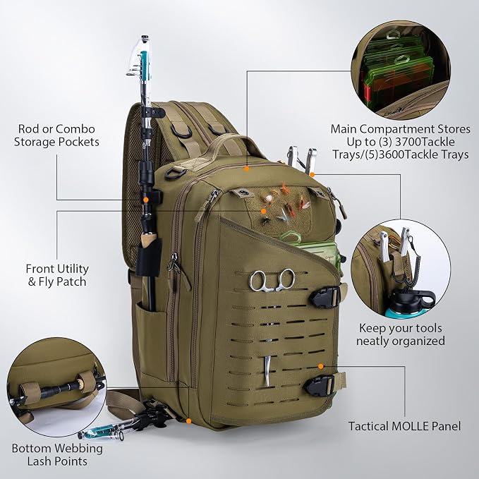 Goture Khaki Tackle Bag with Trays Rod Holder 900D Durable Fishing Tackle Storage Bag for Kayak, Shore Fishing