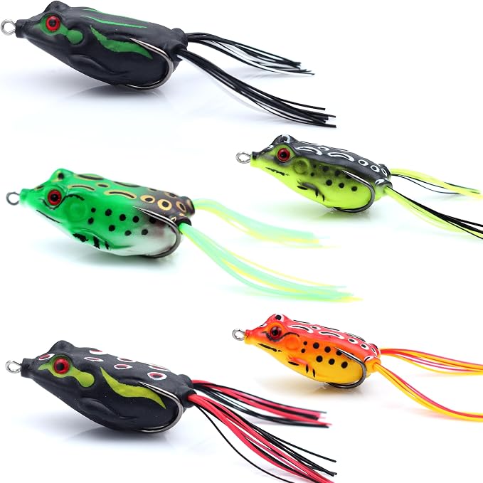 EXAURAFELIS 5pcs Fishing Lures Frogs Lure Frog Baits Ray Frog Topwater luresFishing baits for Basslure Pike Snakehead Musky Weedless Freshwater Soft Lure with Tackle Box