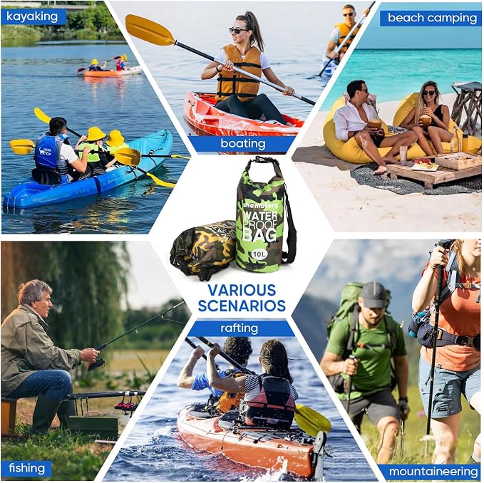 Waterproof Dry Bag 5L/10L/15L/20L/30L Roll Top Dry Storage Backpack with Phone Case, Collapsible Water Bottle, Sunglasses, Ear Band for Kayaking Boating Swimming Fishing Camping, Blue 15L