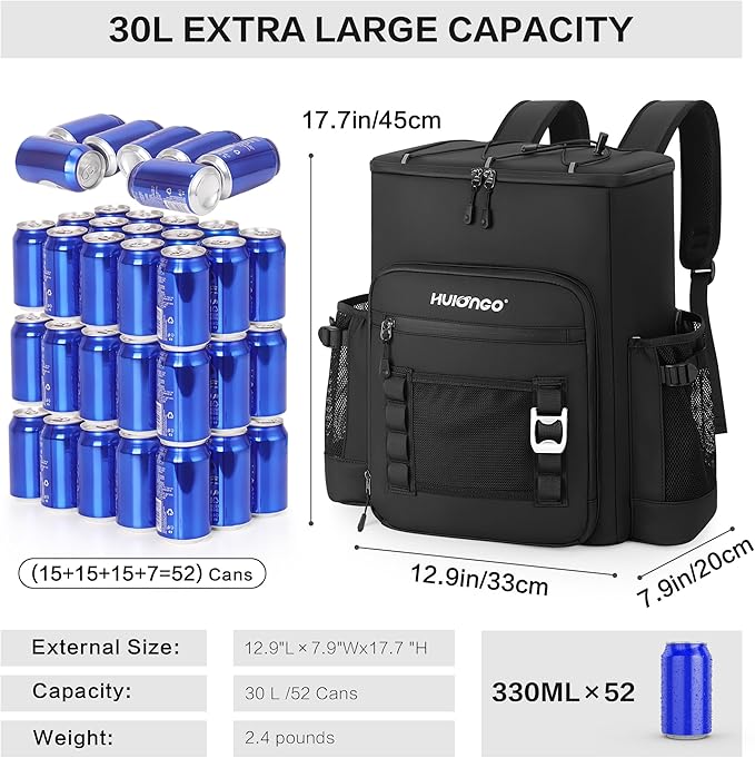 Hulongo Cooler Backpack, 30L Insulated Leakproof Soft Cooler Bag for 52 Cans, Lightweight Backpack for Beach, Picnic, Camping, Hiking, Fishing and Travel
