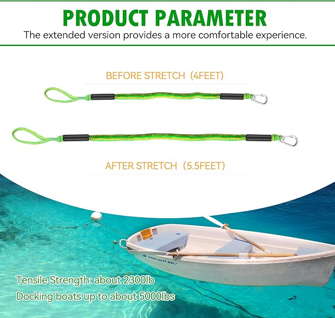 Boat Bungee Dock Lines – Adjustable Boat Tie Downs for Pontoon, Jet Ski, PWC, Kayak | Single Hook Small Cruiser Mooring Lines | (2, Green & Yellow, 4 Feet)