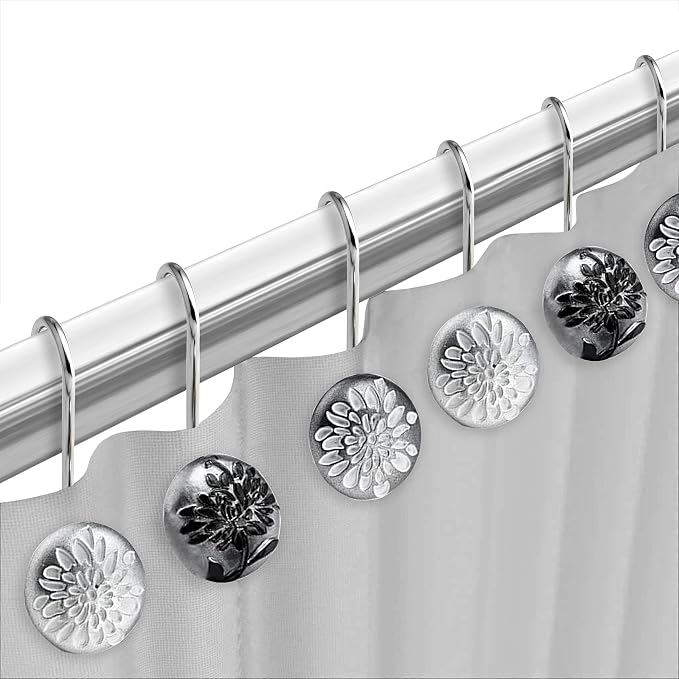 Zahari Home 13pc Erica Bathroom Fabric Shower Curtain Sets Bathroom Shower Curtain & 12 Shower Bathroom Hooks Modern Classic Luxury Contemporary Decor Grey Shower Curtain Stylish Bath Sets