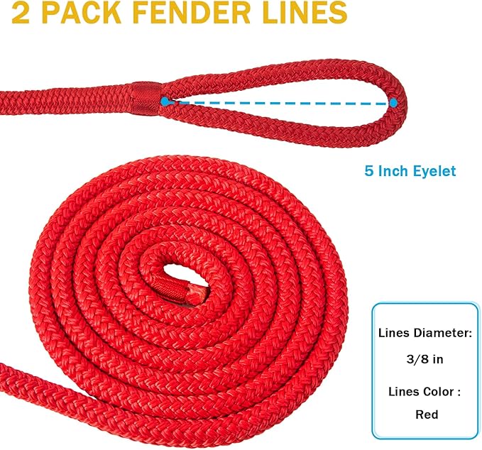 2 Pack 3/8'' x 6' Boat Fender Lines for Mooring, Docking Ties & Small Boat,Premium Marine- Grade Double Braided Nylon Boat Rope with a 5" Eyelet,Anti-Wear & Weather-Resistant-Red