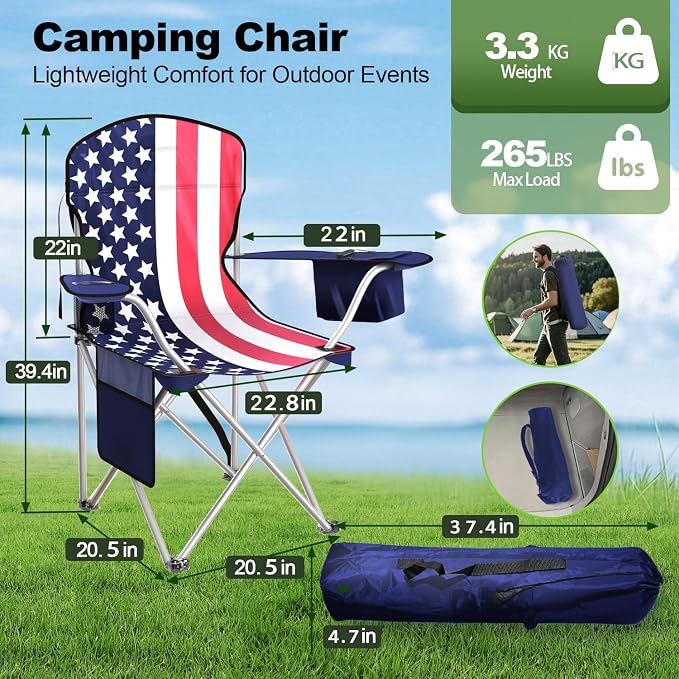 VTOY Folding Camping Chairs Durable 600D Oxford, Portable Outdoor Chair with Cooler Pouch, Cup Holder & Storage Pocket for Camping, Beach, Fishing