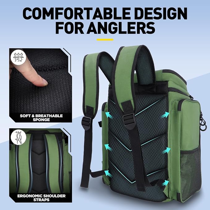 PLUSINNO Fishing Backpack with Rod Holders 4 Tackle Boxes, 42L Large Water-Resistant Fish Tackle Bag Store Fishing Gear, Camping, Hiking Gifts for Men Father, Green
