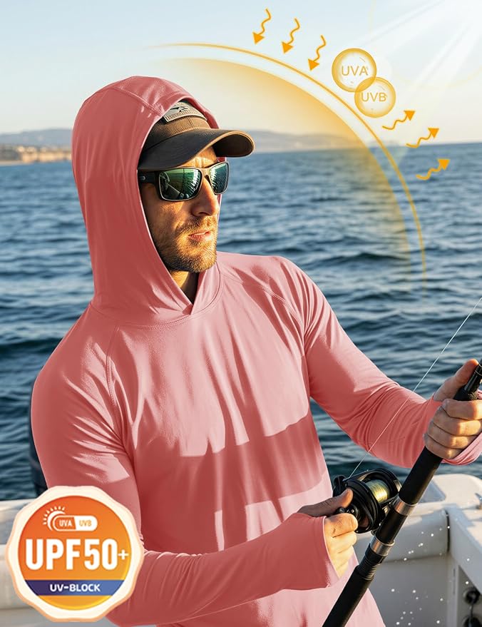 MAGCOMSEN Men's Hooded UPF 50+ Sun Protection T Shirts Long Sleeve Athletic Fishing Shirts Rash Guards