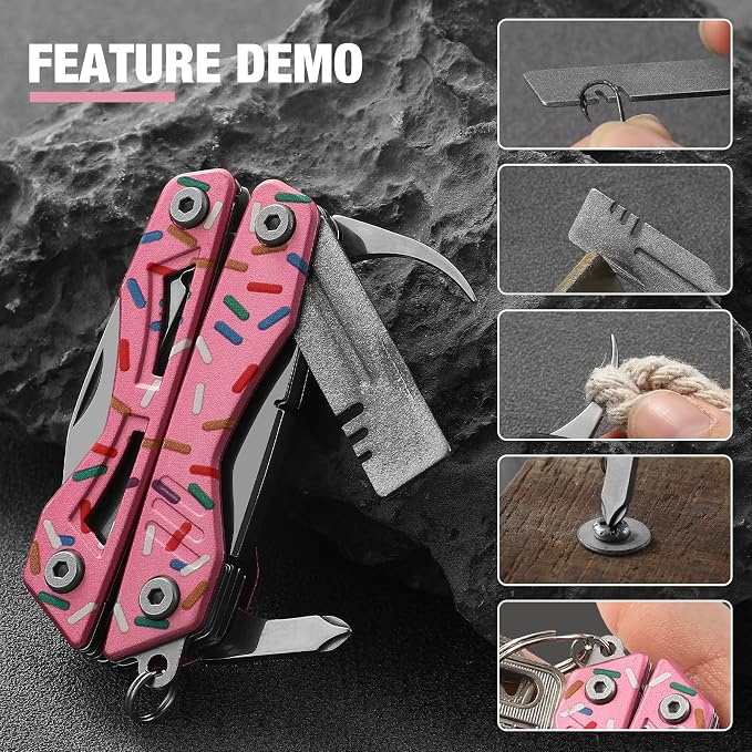 VIRENKNIFE 13-in-1Multi Tool Pliers, Stainless Steel Mini EDC Multitool with Pocket Knife,Screwdriver，Bottle Opener，Fishing Hook Sharpener，Perfect for Camping, Hiking, Fishing（Donut）