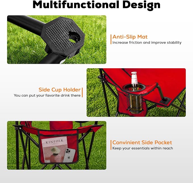 Romswi Portable Camping Chairs Support 400 LBS, Heavy Duty Folding Outdoor Chairs, Folding Chair with 4-Can Cooler Bag for Camping, Fishing, Garden, 2-Pack, Red