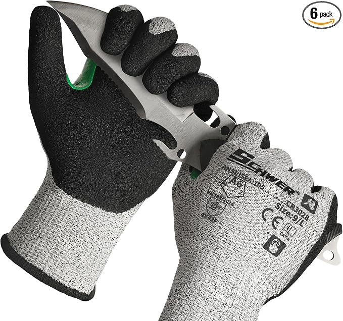 Schwer 6 Pairs Cut Resistant Work Gloves ANSI A6 Cut Proof Glove CR3028, with Reinforced Thumb, Touchscreen Working Gloves for Men and Women Used for Woodworking, Glass Cutting, Construction, L