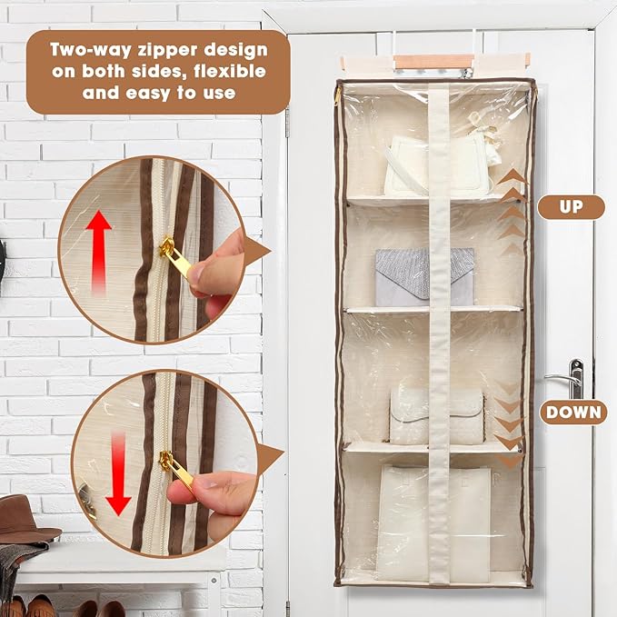 Silkfly 2 Pack Hanging Purse Organizer for Closet Clear Handbag Storage Hanger with Zipper Holder Over The Door Wardrobe Tote Bag Storage Holder for Bedrooms Living Room(Beige)
