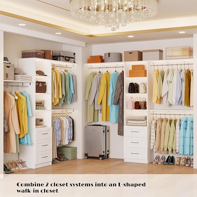 Closet System with Drawers, 5FT-8FT Closet Organizer System 96" Walk in Wood Closet Storage System with Shelves Hanging Rods Corner Wall Mount, White