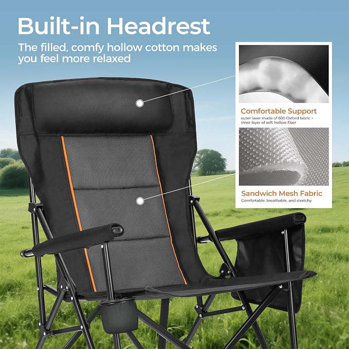 ALPHA CAMP Heavy Duty Camping Chairs with Cup Holder Oversized Folding Chair 500LBS Capacity Outdoor Chair with Headrest,Lawn with Side Pocket for Lawn, Sports and Fishing