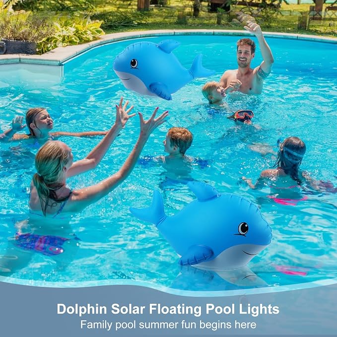 Goallim Solar Floating Pool Lights Dolphin, Glow in the Dark Solar Pool Lights that Float, IP68 Wateproof Inflatable Solar Floating Lights for Pool Pond Wedding Party Decorations - 2PC