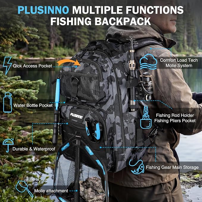 PLUSINNO Fishing Backpack with Fishing Gear Fishing Net, Waterproof Tackle Backpack with Rod Holders, Tackle Box, Lures, Tools, Pliers & Accessories, Fish Gifts for Men