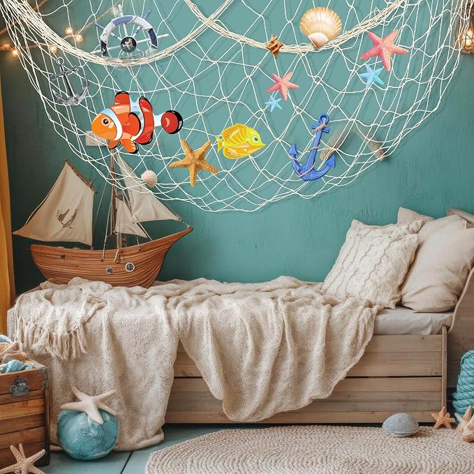 6Pcs fish net decorations Natural fishing net decor scallop beach Party Decoration Luau Tropical Nautical Beach Table Cover ocean Theme Decor for Party Home Bedroom Wall Hanging Nets